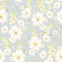 Watercolor floral seamless pattern with white daisies and foxglove flowers on soft grey background