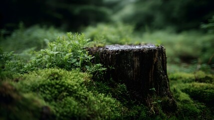 Obraz premium A moss covered tree stump rests in a lush green forest with soft diffused light