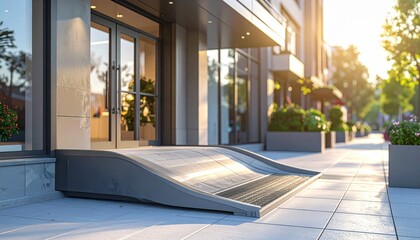Medium shot of a storefront entrance highlighting a gently sloped ramp