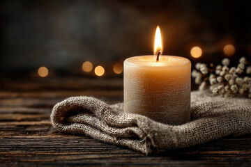 Cozy candle still life — lit frosted glass jar on wooden tray, warm grey background, soft glow studio photo