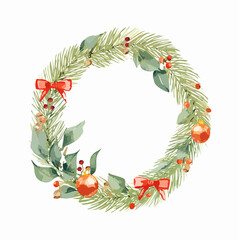 Festive Watercolor Christmas Wreath with Bows and Baubles, perfect for holiday cards and invitations