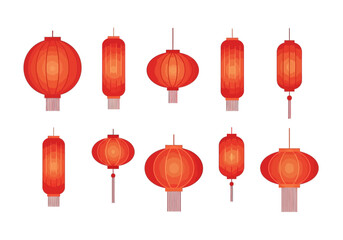 An arrangement of ten red and orange Chinese lanterns in varying shapes and sizes set against a white background