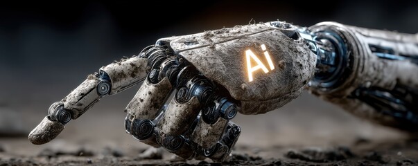 Mechanical hand with glowing AI text showcases futuristic and technological brilliance