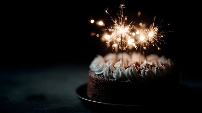 A festive chocolate cake with glowing sparklers illuminated against a dark background