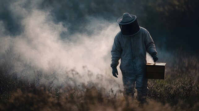 A beekeeper in protective gear walks through a smoky field carrying a wooden box