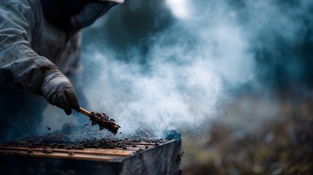 A beekeeper in protective gear uses smoke to calm a busy beehive in an outdoor field creating a serene natural scene
