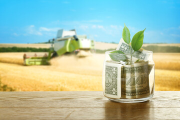 Agricultural production profit. Jar with money and seedling against combine harvester in field