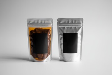 Two clear and metallic resealable plastic pouches with dark contents and blank labels