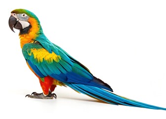 Obraz premium Vibrant blue and yellow macaw parrot with green head and red chest perched on a white background blue parrot