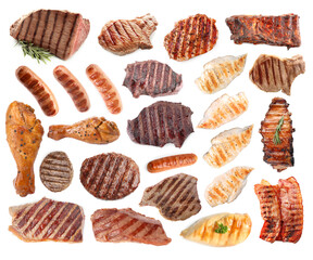 Grilled meat and sausages isolated on white, set