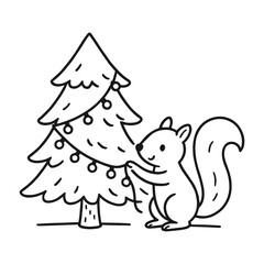 Obraz premium Cute squirrel decorating a Christmas tree with colorful ornaments in a whimsical style, showcasing holiday spirit and festive cheer in a playful illustration