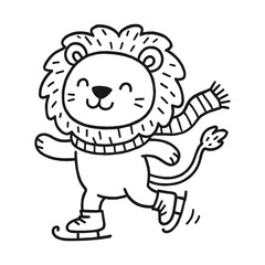 Happy cartoon lion character skating on ice, wearing a cozy scarf and smiling, showcasing playful winter fun in a whimsical vector illustration style