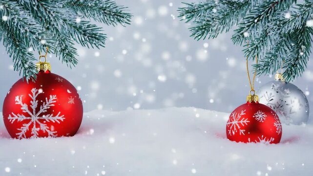 red and white Christmas baubles with snowflake patterns resting on fluffy snow, delicate white snowflakes around, frosted pine branches above, glowing white bokeh background