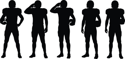 American Football Player Silhouettes in Helmet and Pads, Standing Poses with Ball and Salute Gesture, Vector Sports Illustration for Design Use © KanonRani art