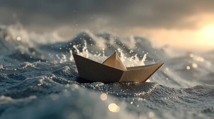 Paper boat on wavy ocean waves at sunset with soft dramatic light and moody reflective water scene - Powered by Adobe