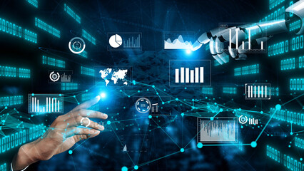 A captivating scene showcasing the collaboration between human and AI, featuring dynamic data visualization, analytics graphics, and futuristic technology in a digital landscape. Xenic