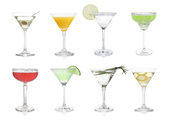 Different alcohol cocktails isolated on white, set