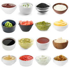 Wasabi and other condiments isolated on white, set