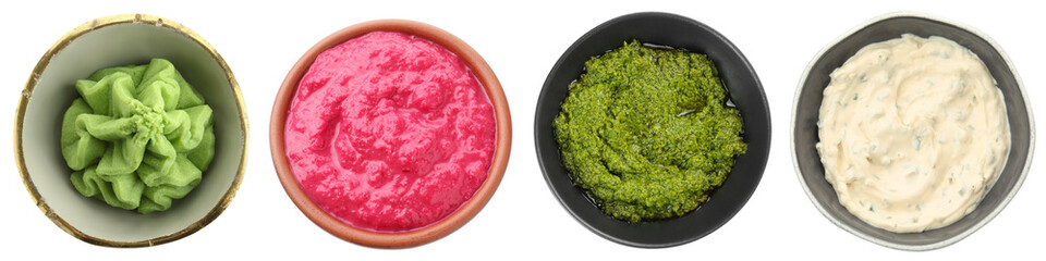 Wasabi, tzatziki, chrain and pesto sauce, top view. Different condiments isolated on white, set