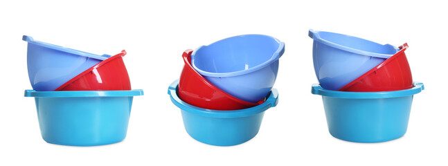 Colorful plastic basins isolated on white, set