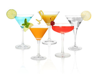 Different alcohol cocktails isolated on white, set