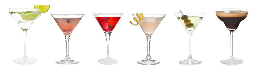 Different alcohol cocktails isolated on white, set