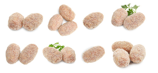 Fresh raw meat patties isolated on white, set