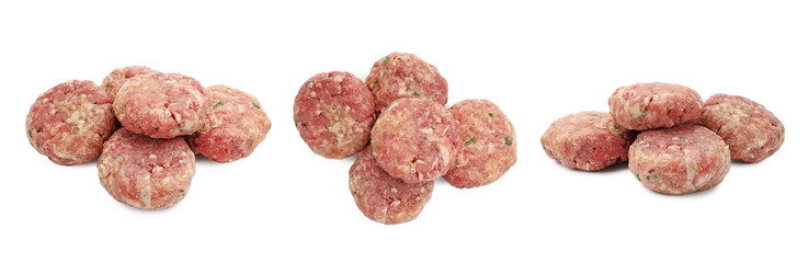 Fresh raw meat patties isolated on white, set