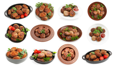 Fried meat patties isolated on white, set