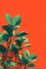 Obraz premium Vibrant green leaves against a vivid orange background with artistic emphasis