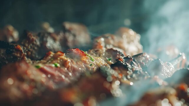 close up of grilling meat, skewer