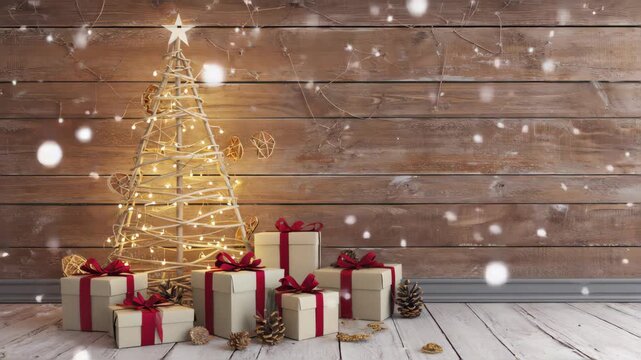 rustic christmas scene, handmade glowing rattan christmas tree with warm fairy lights, wooden wall background