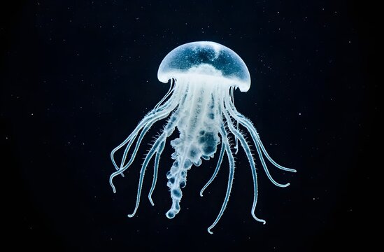 Bioluminescent jellyfish swimming in deep dark ocean water
