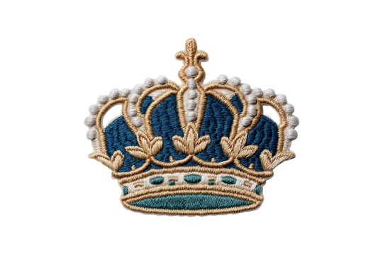 Crown embroidery patch isolated on transparent background, in PNG format, cut out