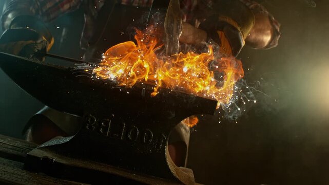 Close-up of blacksmith forging glowing hot iron on anvil with flying sparks. Super slow motion filmed on high-speed cinema camera at 1000 fps