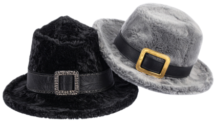 Collection of plush Pilgrim hats for Thanksgiving costumes and festive decor isolated on transparent background.