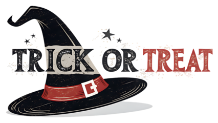 Spooky black witch hat with a wide brim and a red ribbon band featuring the words trick or treat in distressed lettering isolated on white background isolated on transparent background