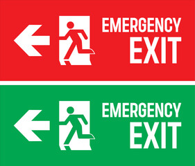 emergency exit direction sign set with left arrow symbols in red and green for safety and evacuation guidance