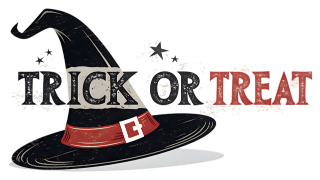 Spooky black witch hat with a wide brim and a red ribbon band featuring the words trick or treat in distressed lettering isolated on white background isolated on transparent background