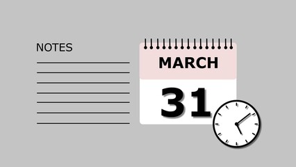 March 31 Calendar black color 4k illustration, with Free for Notes and Writing element. Light gray background 4k illustration.