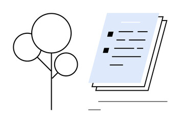 Stack of documents and stylized tree outline combine work-life balance, sustainability, eco-consciousness. Ideal for productivity, green initiatives, eco-friendly office, sustainability