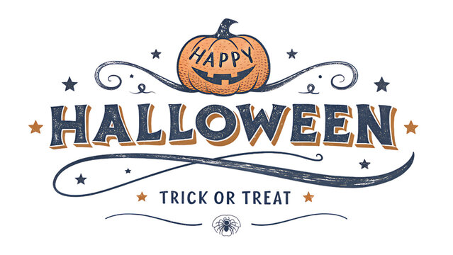 Happy halloween text with a carved pumpkin and trick or treat message isolated on white background isolated on transparent background - Powered by Adobe
