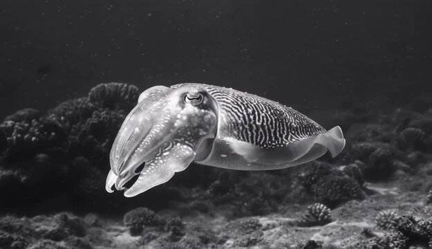 A captivating black and white underwater view of a swimming cuttlefish in the ocean depths
