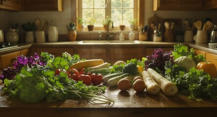 Fresh organic vegetables arranged on wooden kitchen counter