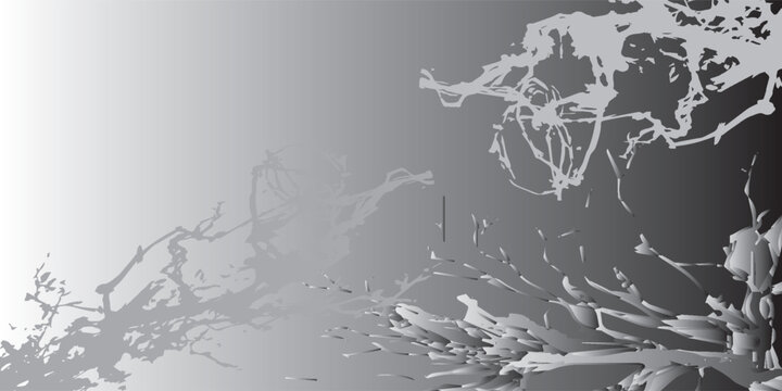 Abstract grayscale artwork featuring fragmented branching forms resembling stylized trees or plants with textured surfaces and sharp edges.