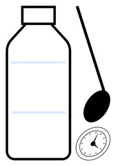 Medicine bottle beside spoon and stopwatch. Ideal for healthcare, dosing, time management, treatment plans, patient care, pharmaceutical industry, prevention. Simple flat metaphor