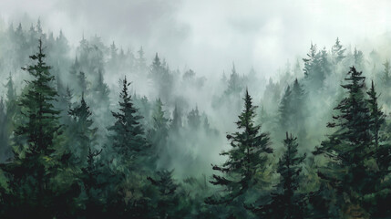 Fototapeta premium Green forest in fog, minimalist nature