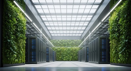 Futuristic data center seamlessly blends technology with lush vertical gardens for sustainable innovation.