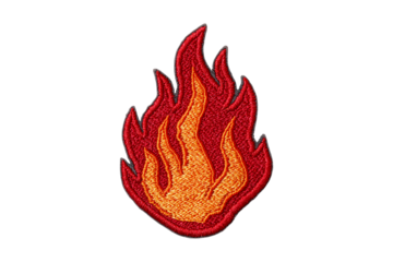 Fire flame embroidery patch isolated on transparent background, in PNG format, cut out