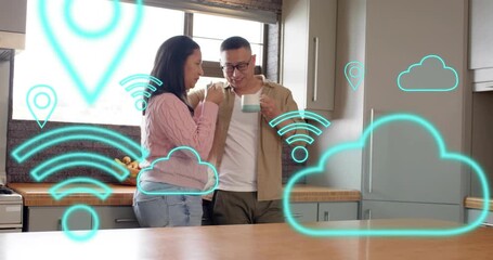 woman raising smartphone toward ear igniting floating WiFi icons as man sipping coffee in tech demo - Powered by Adobe